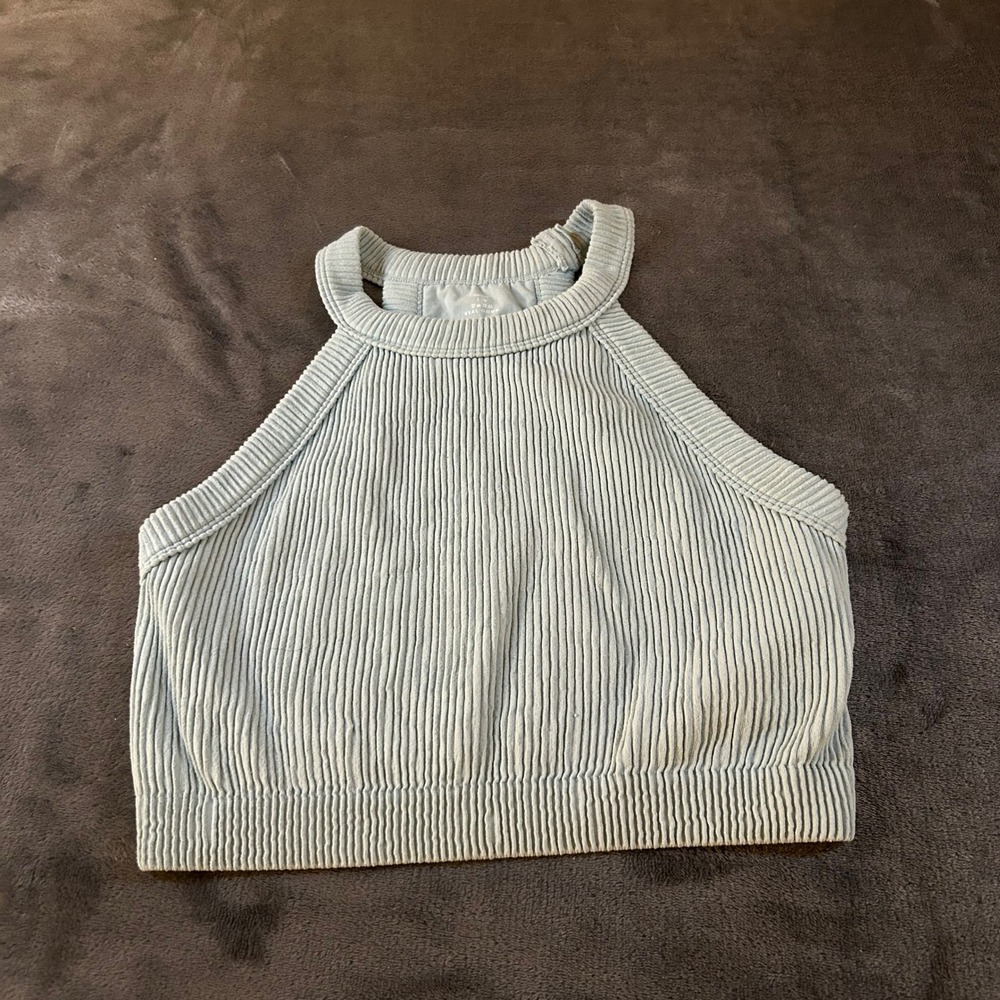 Aerie Ribbed Tank Top High Neck Sleeveless Crop Top Casual Blue Womens Large